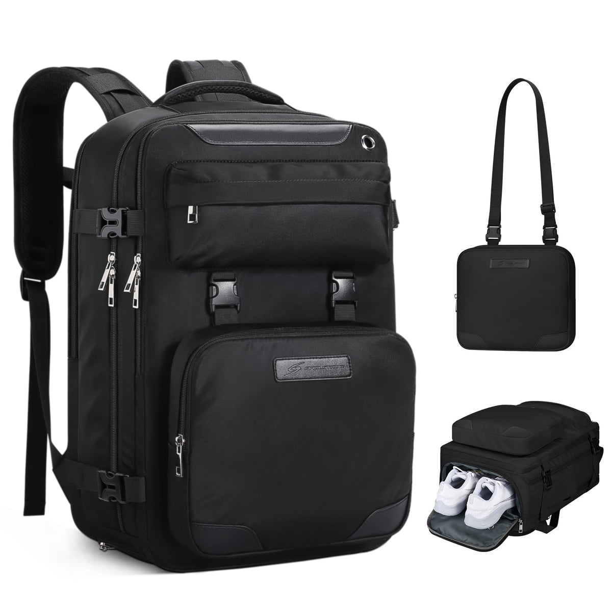Maelstrom Travel Backpack for Women Men,25L Laptop Backpack Fits 15.6-Inch Laptop,Waterproof Carry On Backpack for Airplanes with Detachable Crossbody Bag & Shoe Compartment (Black, Medium)