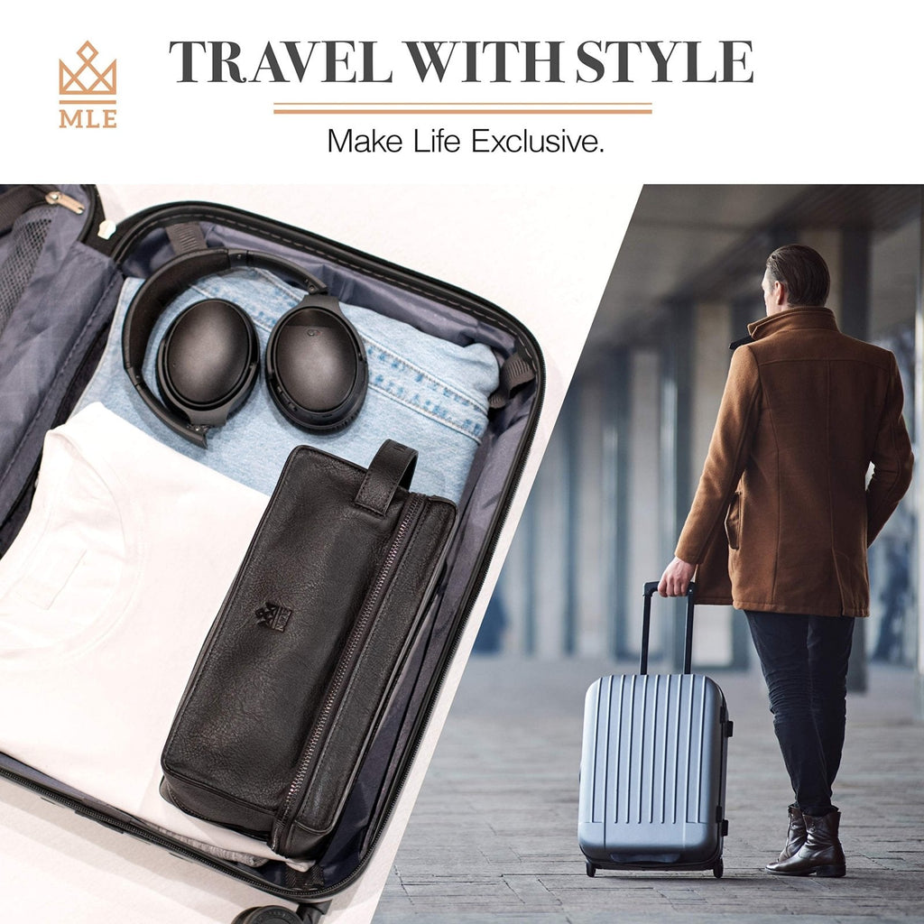 MAKE LIFE EXCLUSIVE Mens Leather Toiletry Bag – Travel Dopp Kit, Shaving Bag, Grooming & Hygiene Organizer, Leather Toiletry Bag for Men, Gift for Him