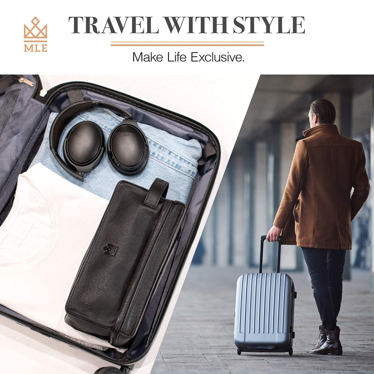 MAKE LIFE EXCLUSIVE Mens Leather Toiletry Bag – Travel Dopp Kit, Shaving Bag, Grooming & Hygiene Organizer, Leather Toiletry Bag for Men, Gift for Him