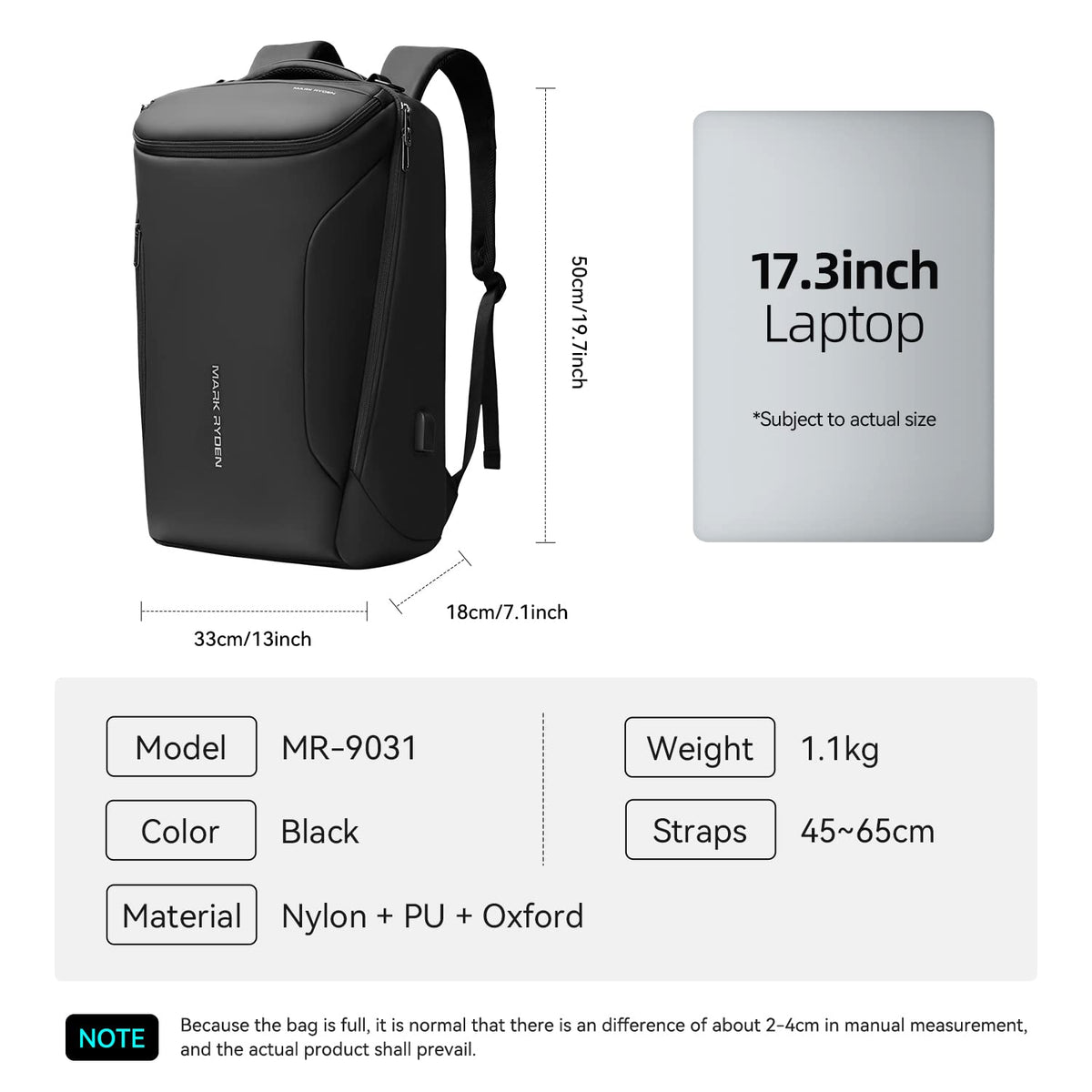 MARK RYDEN Business Backpack for Men, Waterproof High Tech Backpack with Sport Car Shape Design and USB Charging Port, Travel Laptop Backpack Fits 17.3 Inch Notebook (YKK - 2 Pockets)