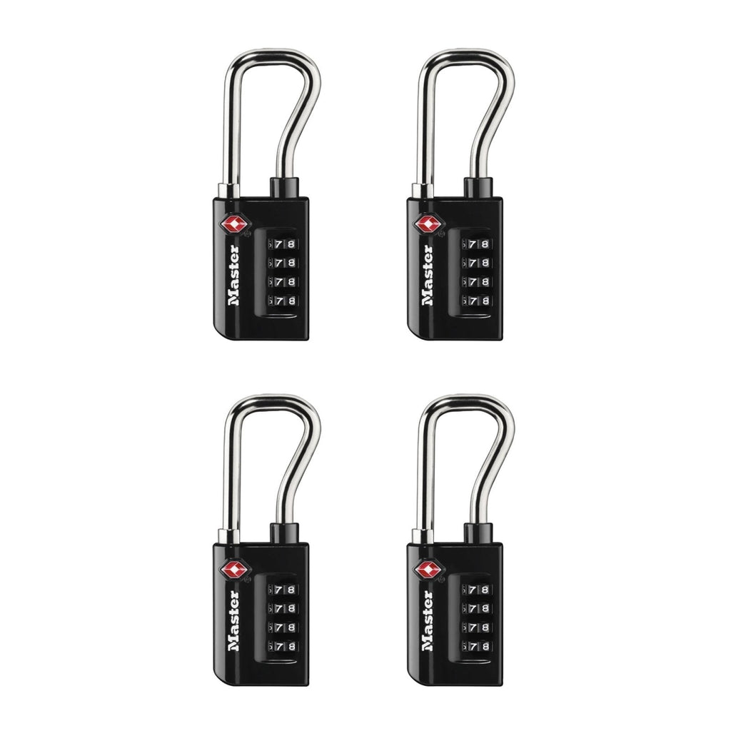 Master Lock Padlock, Set Your Own Combination TSA Accepted Luggage Lock, 1-5/16 in. Wide, Black, 4 pk, 4696EC4