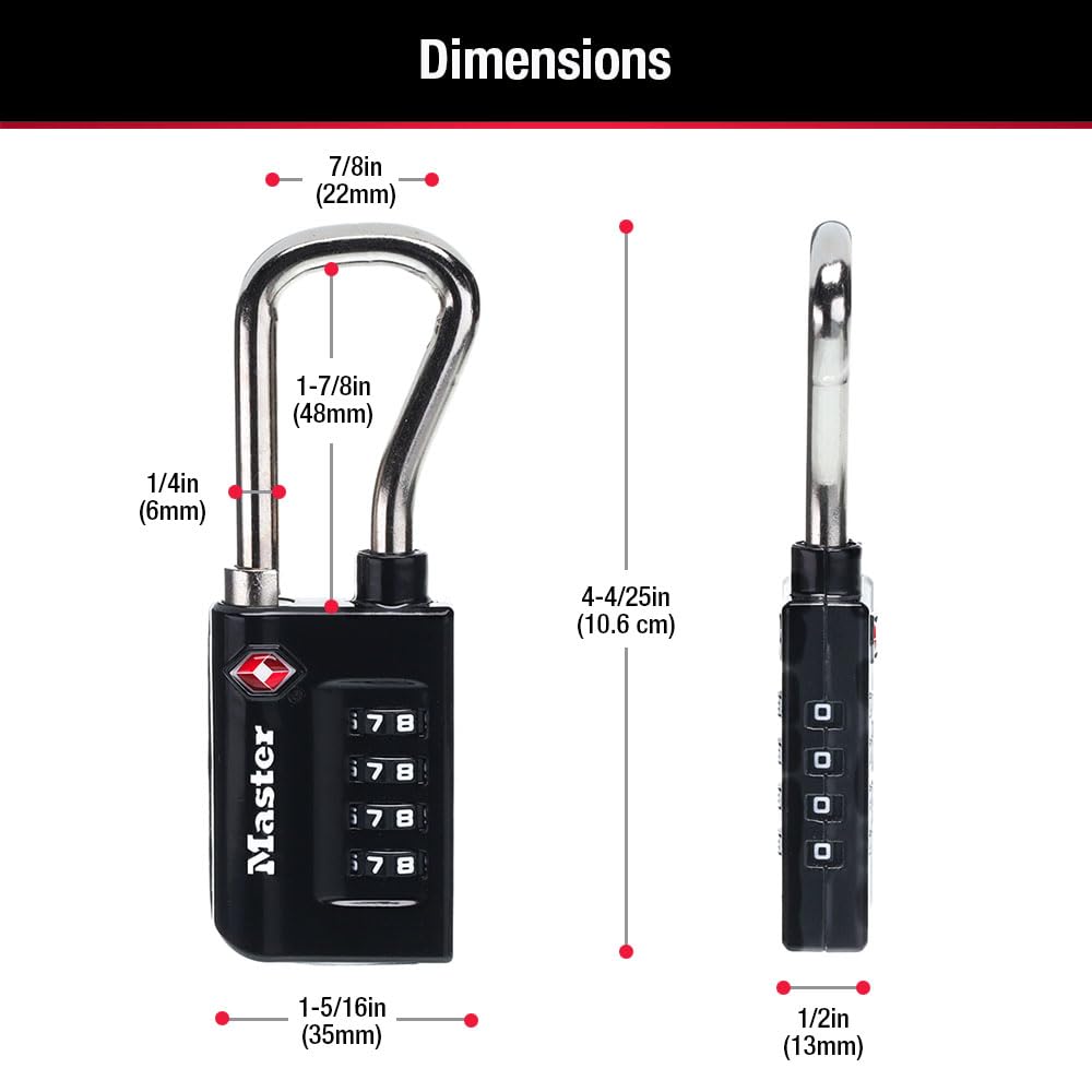 Master Lock Padlock, Set Your Own Combination TSA Accepted Luggage Lock, 1 - 5/16 in. Wide, Black, 4 pk, 4696EC4
