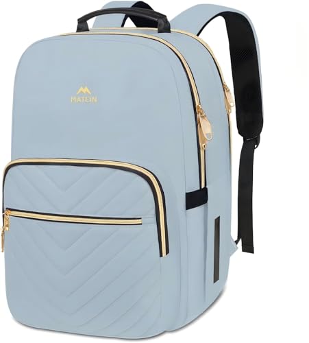 MATEIN 15.6 Laptop Backpack, Quilted Cute Slim Backpacks for Women with Luggage Strap & Leather Handle, Lightweight Fashion Travel Computer Bag Padded Sturdy Casual Daypack for Office, Business, Blue