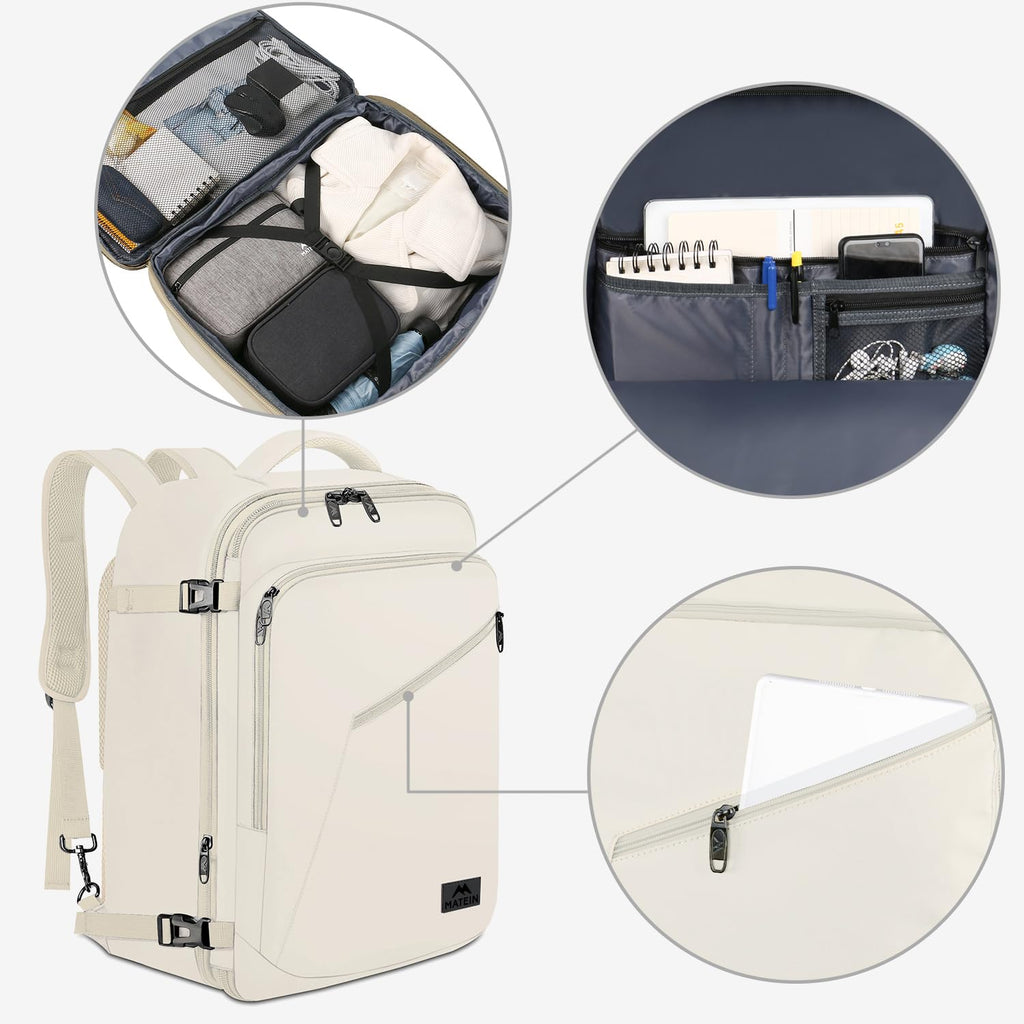 MATEIN Large Backpack for Travel Flight Approved, 45L Carry on Backpack with Padded Shoulder Straps for Adult, Men, Women, Expandable Daypack for Clothes, Travel Essentials, Beige