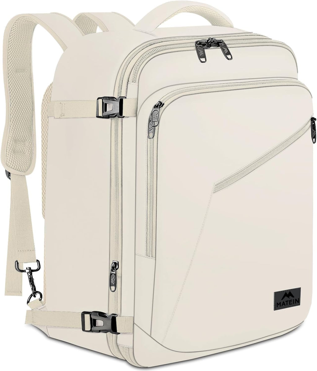 MATEIN Large Backpack for Travel Flight Approved, 45L Carry on Backpack with Padded Shoulder Straps for Adult, Men, Women, Expandable Daypack for Clothes, Travel Essentials, Beige