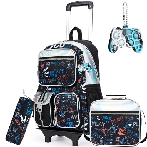 Meetbelify Backpack with Wheels for Boys Rolling Backpack Cute Carry on Backpack with Lunch Box for Elementary Student