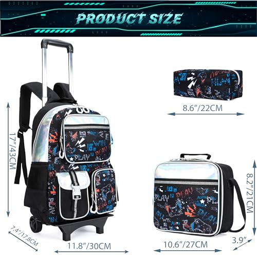 Meetbelify Backpack with Wheels for Boys Rolling Backpack Cute Carry on Backpack with Lunch Box for Elementary Student