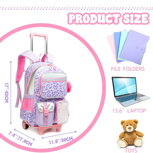 Meetbelify Backpack with Wheels for Girls Rolling Backpack Cute Carry on Backpack for Elementary Student