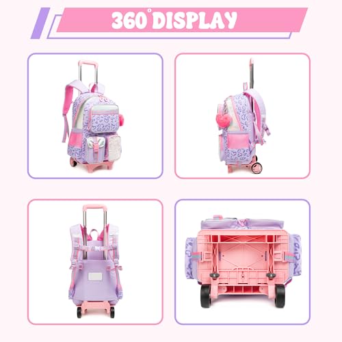 Meetbelify Backpack with Wheels for Girls Rolling Backpack Cute Carry on Backpack for Elementary Student