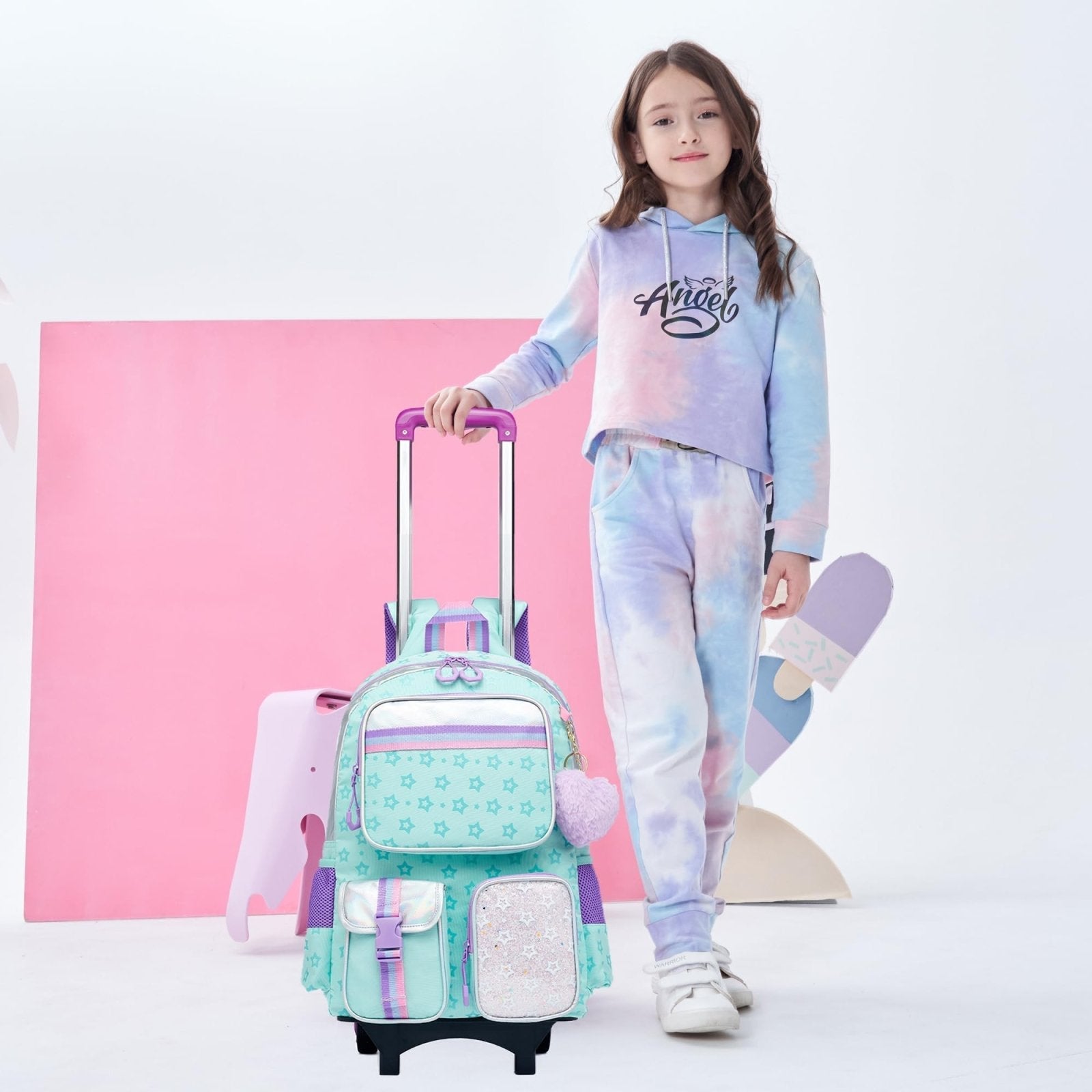 Meetbelify Backpack with Wheels for Girls Rolling Backpack Cute Carry on Backpack for Elementary Student