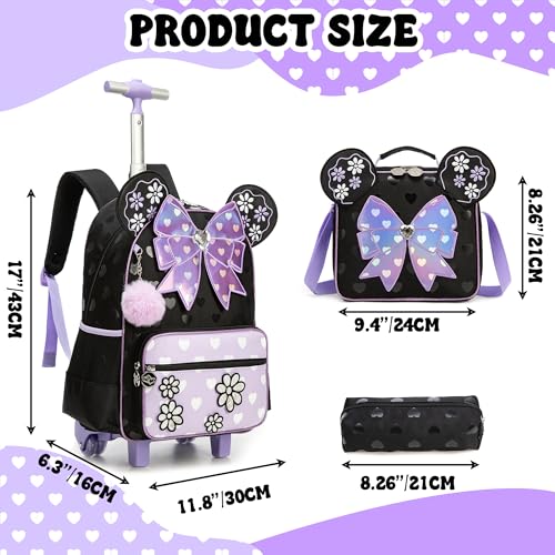 Meetbelify Backpack with Wheels for Girls Rolling Backpack Cute Carry on Backpack Kids Luggage with Lunch Box Pencil Case for Elementary Student
