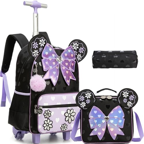Meetbelify Backpack with Wheels for Girls Rolling Backpack Cute Carry on Backpack Kids Luggage with Lunch Box Pencil Case for Elementary Student