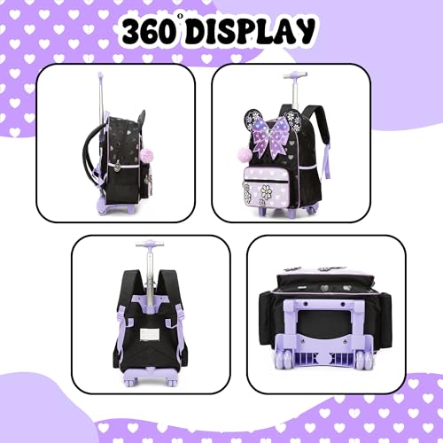 Meetbelify Backpack with Wheels for Girls Rolling Backpack Cute Carry on Backpack Kids Luggage with Lunch Box Pencil Case for Elementary Student