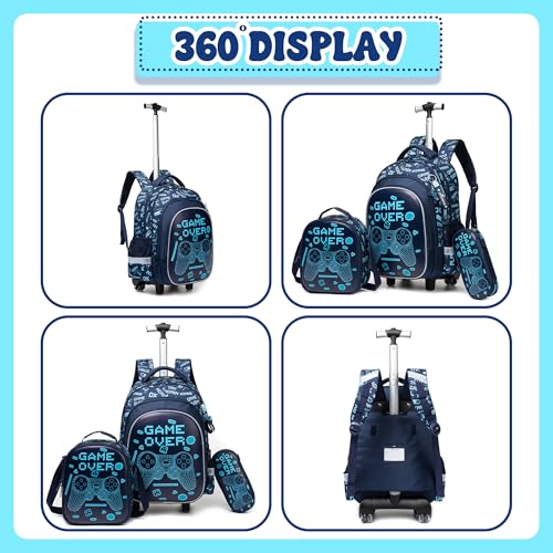 Meetbelify Boys Rolling Backpack with Wheels Kids Luggage for Elementary Students Trolley Trip Carry On Bag for Girls Boys 6-8