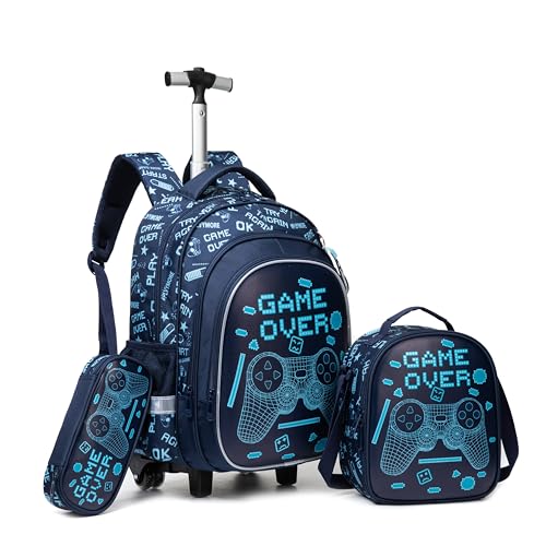 Meetbelify Boys Rolling Backpack with Wheels Kids Luggage for Elementary Students Trolley Trip Carry On Bag for Girls Boys 6-8