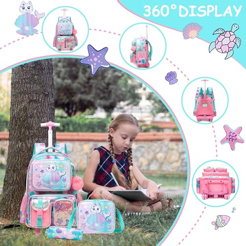 Meetbelify Cute Cat Rolling Backpack with Wheels for Girls Rolling Backpacks with Lunch Box for Elementary School Students 3 in 1 Kids Travel Luggage Suitcase for Girls Age 8-10