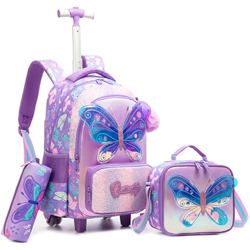 Meetbelify Girls Rolling Backpack with Wheels for Kids 3D Butterfly School Roller Backpack,Carry on Travel Luggage with Lunch Bag and Pencil Case for Girls Ages 5-12