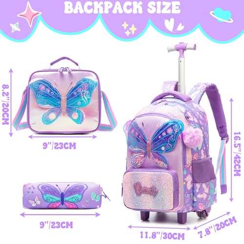 Meetbelify Girls Rolling Backpack with Wheels for Kids 3D Butterfly School Roller Backpack,Carry on Travel Luggage with Lunch Bag and Pencil Case for Girls Ages 5-12