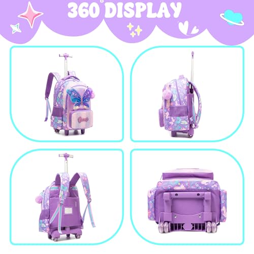 Meetbelify Girls Rolling Backpack with Wheels for Kids 3D Butterfly School Roller Backpack,Carry on Travel Luggage with Lunch Bag and Pencil Case for Girls Ages 5-12
