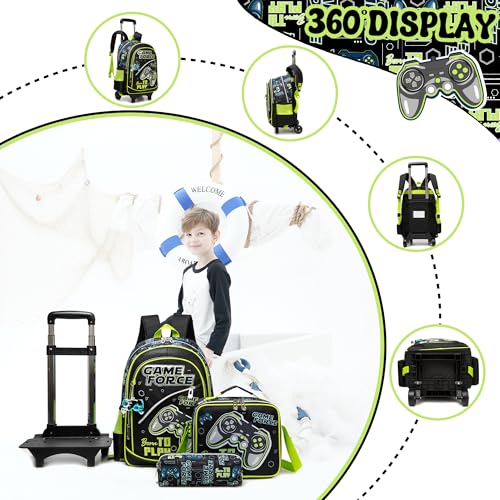 Meetbelify Kids Backpacks with Wheels for Boys Football Rolling Backpack with Lunch Box for Elementary Students Trip Luggage for Boys Ages 6-8