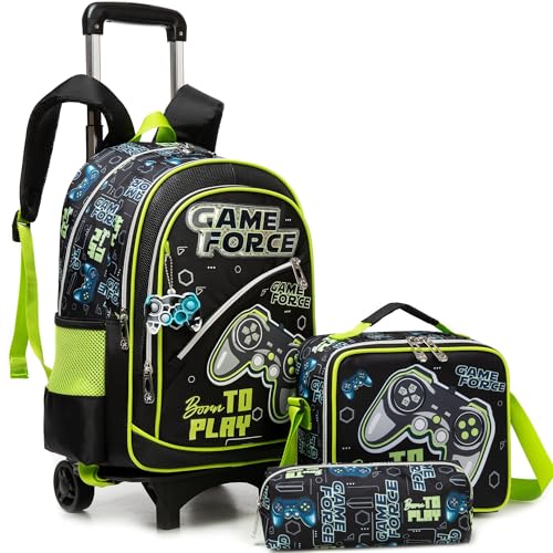 Meetbelify Kids Backpacks with Wheels for Boys Football Rolling Backpack with Lunch Box for Elementary Students Trip Luggage for Boys Ages 6-8