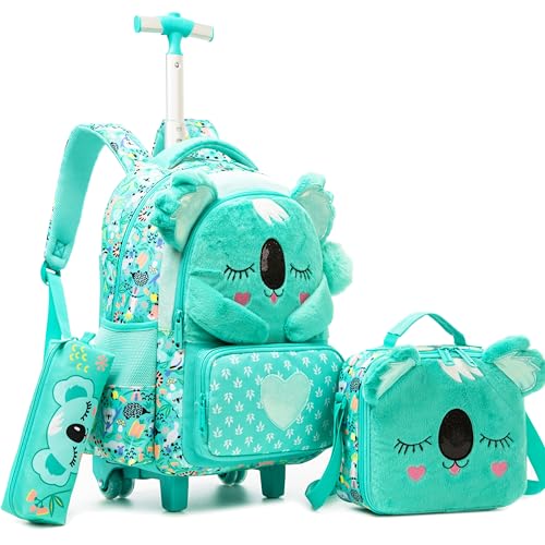 Meetbelify Kids Rolling Backpack with Wheels for Girls Cute koala School Roller Backpack,Carry on Travel Luggage with Lunch Bag and Pencil Case for Girls Ages 5-12