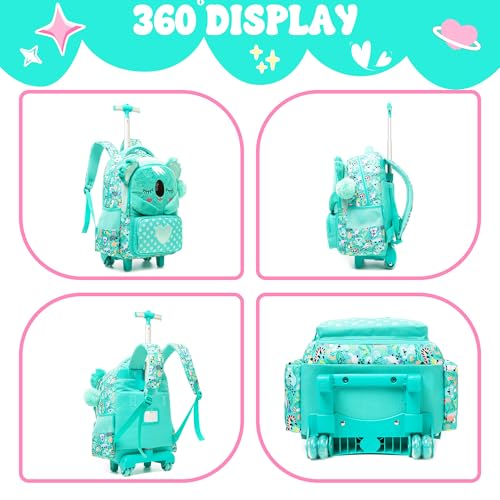 Meetbelify Kids Rolling Backpack with Wheels for Girls Cute koala School Roller Backpack,Carry on Travel Luggage with Lunch Bag and Pencil Case for Girls Ages 5-12