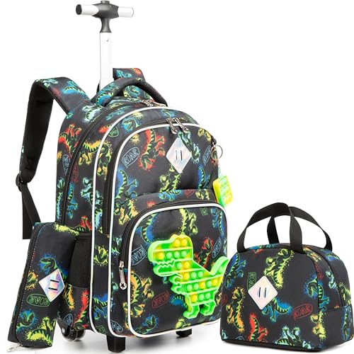 Meetbelify Rolling Backpack for Boys with Lunch Box Set Dinosaur Backpack with Wheels Kids Travel Suitcase Laptop Luggage for Boys Age 6-8