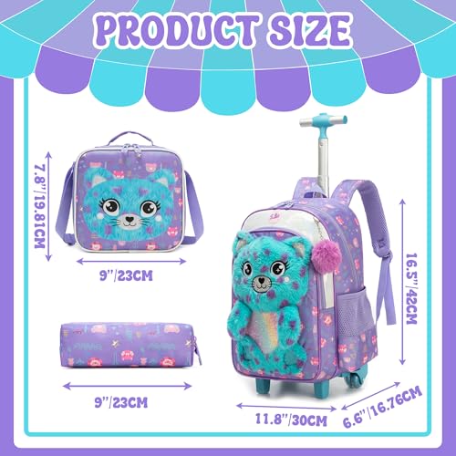 Meetbelify Rolling Backpack for Girls 3D Carton Backpack with Wheels for Elementary Student Kids Plush School Bag with Lunch Box Pencil Case for Girls Ages 6-8 Years Old