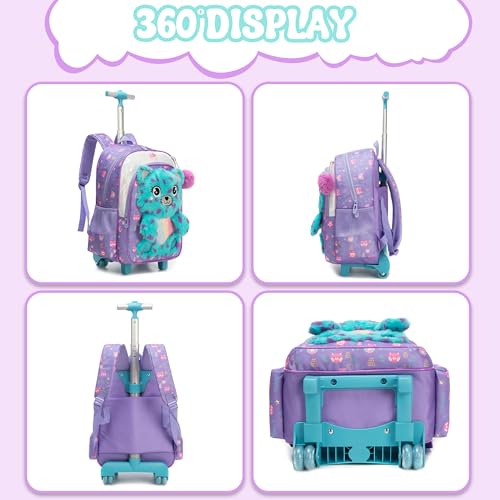 Meetbelify Rolling Backpack for Girls 3D Carton Backpack with Wheels for Elementary Student Kids Plush School Bag with Lunch Box Pencil Case for Girls Ages 6-8 Years Old