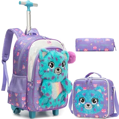 Meetbelify Rolling Backpack for Girls 3D Carton Backpack with Wheels for Elementary Student Kids Plush School Bag with Lunch Box Pencil Case for Girls Ages 6-8 Years Old