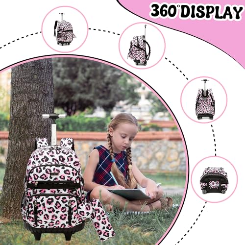Meetbelify Rolling Backpack for Girls Backpack with Wheels for Elementary Student Kids School Bag with Lunch Box Pencil Case for Girls Ages 6-8 Years Old