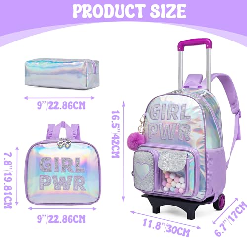 Meetbelify Rolling Backpack for Girls Backpack with Wheels for Elementary Student Kids School Bag with Lunch Box Pencil Case for Girls Ages 6-8 Years Old