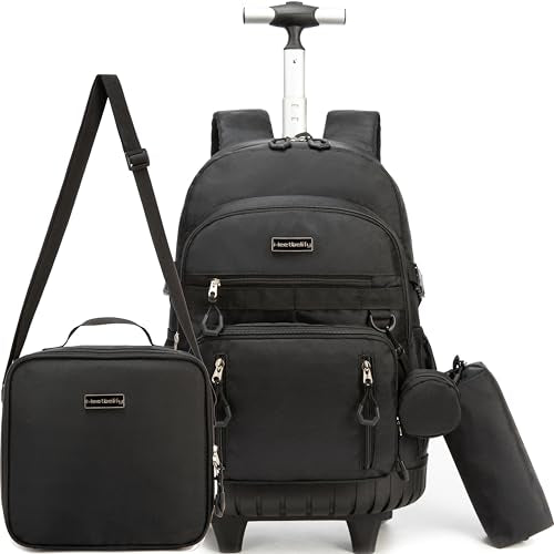 Meetbelify Rolling Backpack for Girls Backpack with Wheels for Elementary Student Kids School Bag with Lunch Box Pencil Case for Girls Ages 6-8 Years Old Black