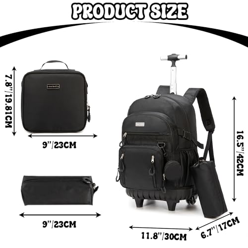 Meetbelify Rolling Backpack for Girls Backpack with Wheels for Elementary Student Kids School Bag with Lunch Box Pencil Case for Girls Ages 6-8 Years Old Black
