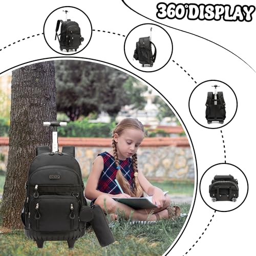 Meetbelify Rolling Backpack for Girls Backpack with Wheels for Elementary Student Kids School Bag with Lunch Box Pencil Case for Girls Ages 6-8 Years Old Black