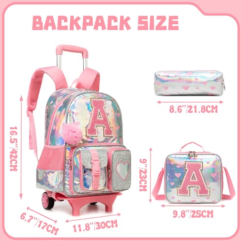 Meetbelify Rolling Backpack for Girls Backpack with Wheels for Elementary Student Kids School Bag with Lunch Box Pencil Case for Girls Ages 6-8 Years Old Pink A
