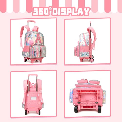 Meetbelify Rolling Backpack for Girls Backpack with Wheels for Elementary Student Kids School Bag with Lunch Box Pencil Case for Girls Ages 6-8 Years Old Pink A