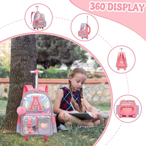 Meetbelify Rolling Backpack for Girls Backpack with Wheels for Elementary Student Kids School Bag with Lunch Box Pencil Case for Girls Ages 6-8 Years Old Purple