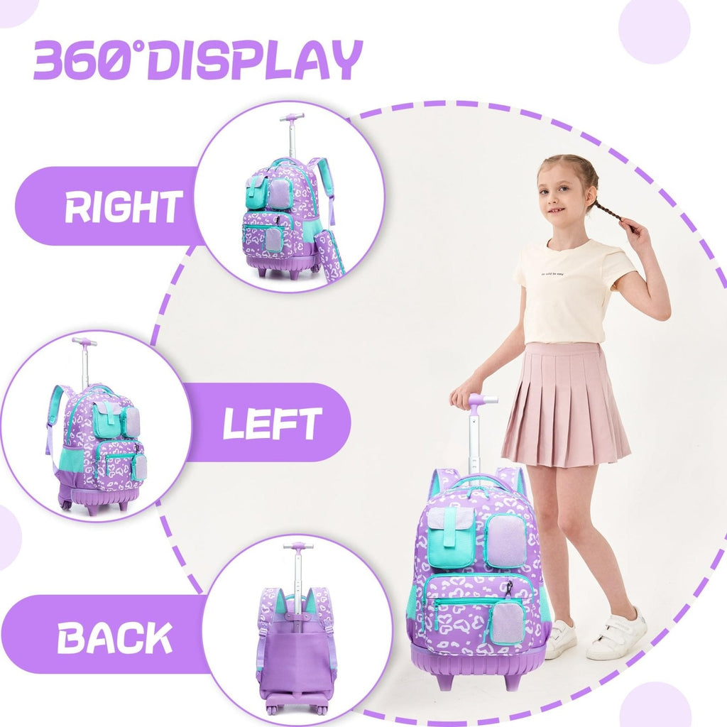 Meetbelify Rolling Backpack for Girls Carry on Luggage with Wheels Kids Suitcases for Girls Ages 8 - 10 with Lunch Box for Elementary School 18inch 3 in 1 Rolling Backpack Back to School Supplies