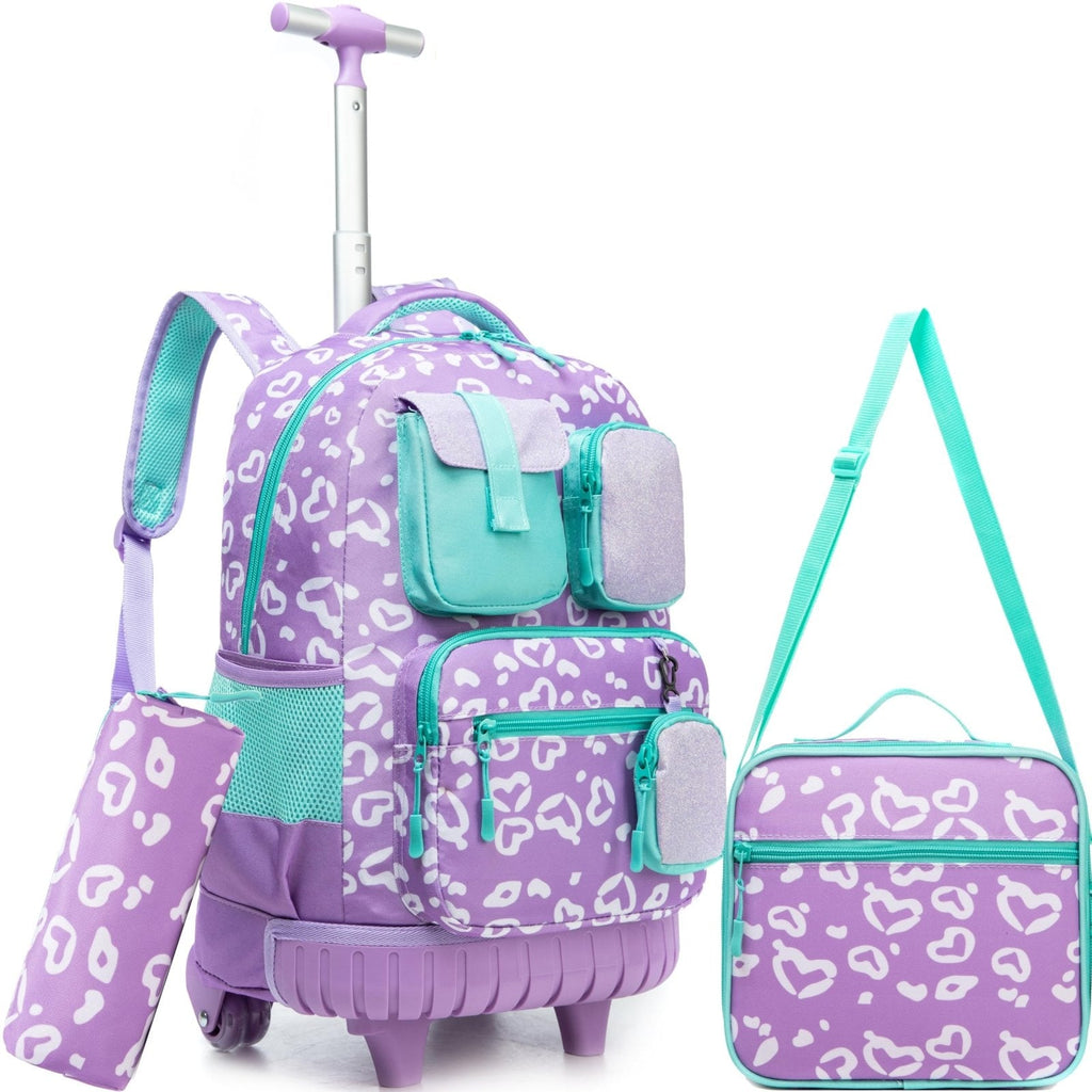 Meetbelify Rolling Backpack for Girls Carry on Luggage with Wheels Kids Suitcases for Girls Ages 8-10 with Lunch Box for Elementary School 18inch 3 in 1 Rolling Backpack Back to School Supplies