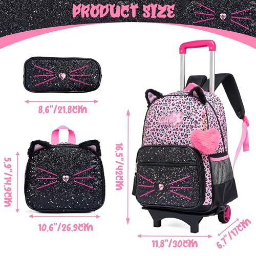 Meetbelify Rolling Backpack for Girls Cute Cat Backpack with Wheels for Elementary Students Kids Black Travel Luggage for Girls Age 6-8