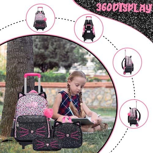 Meetbelify Rolling Backpack for Girls Cute Cat Backpack with Wheels for Elementary Students Kids Black Travel Luggage for Girls Age 6-8