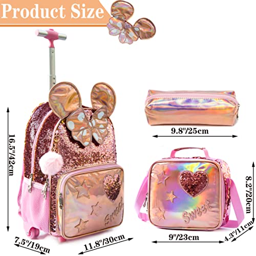 Meetbelify Rolling Backpack for Girls School Backpack with Lunch Box for Elementary Student Wheels Roller Trolley Luggage