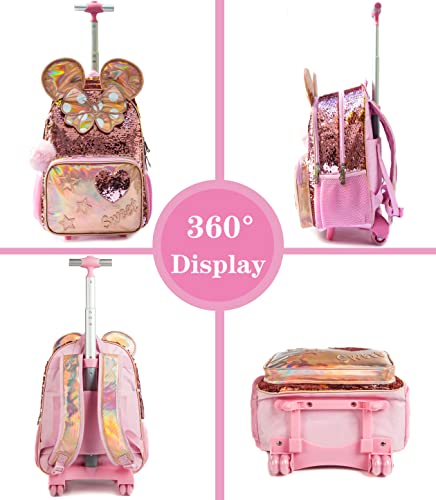 Meetbelify Rolling Backpack for Girls School Backpack with Lunch Box for Elementary Student Wheels Roller Trolley Luggage