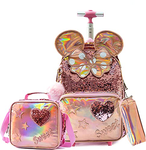 Meetbelify Rolling Backpack for Girls School Backpack with Lunch Box for Elementary Student Wheels Roller Trolley Luggage