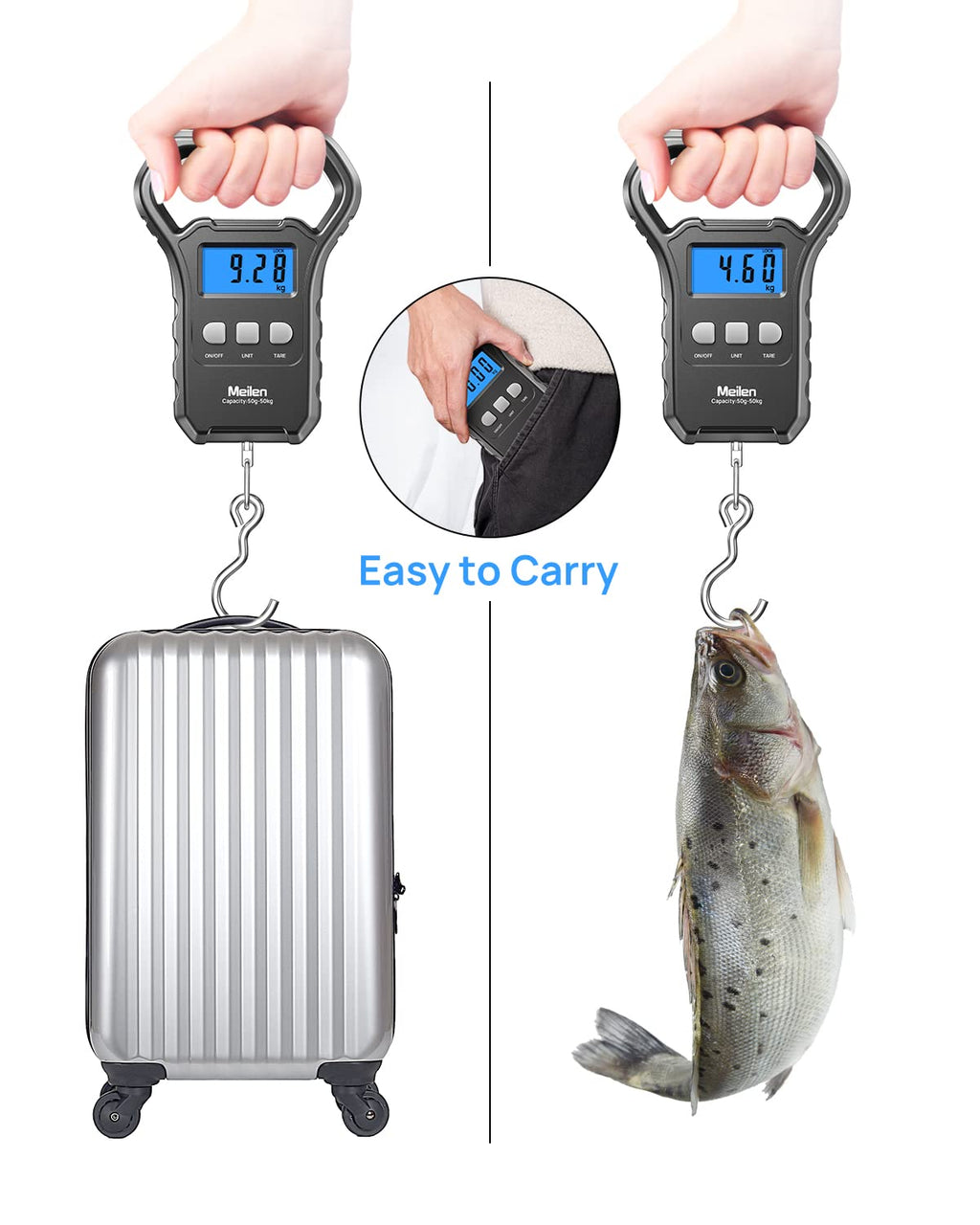 Meilen Fishing Scale,110lb/50kg Hanging Luggage Weigh Scale Unit with Backlit LCD Display, Suitcase Luggage Weigh Divice with Large Handle, Digital Postal Unit Fishing Gifts for Men