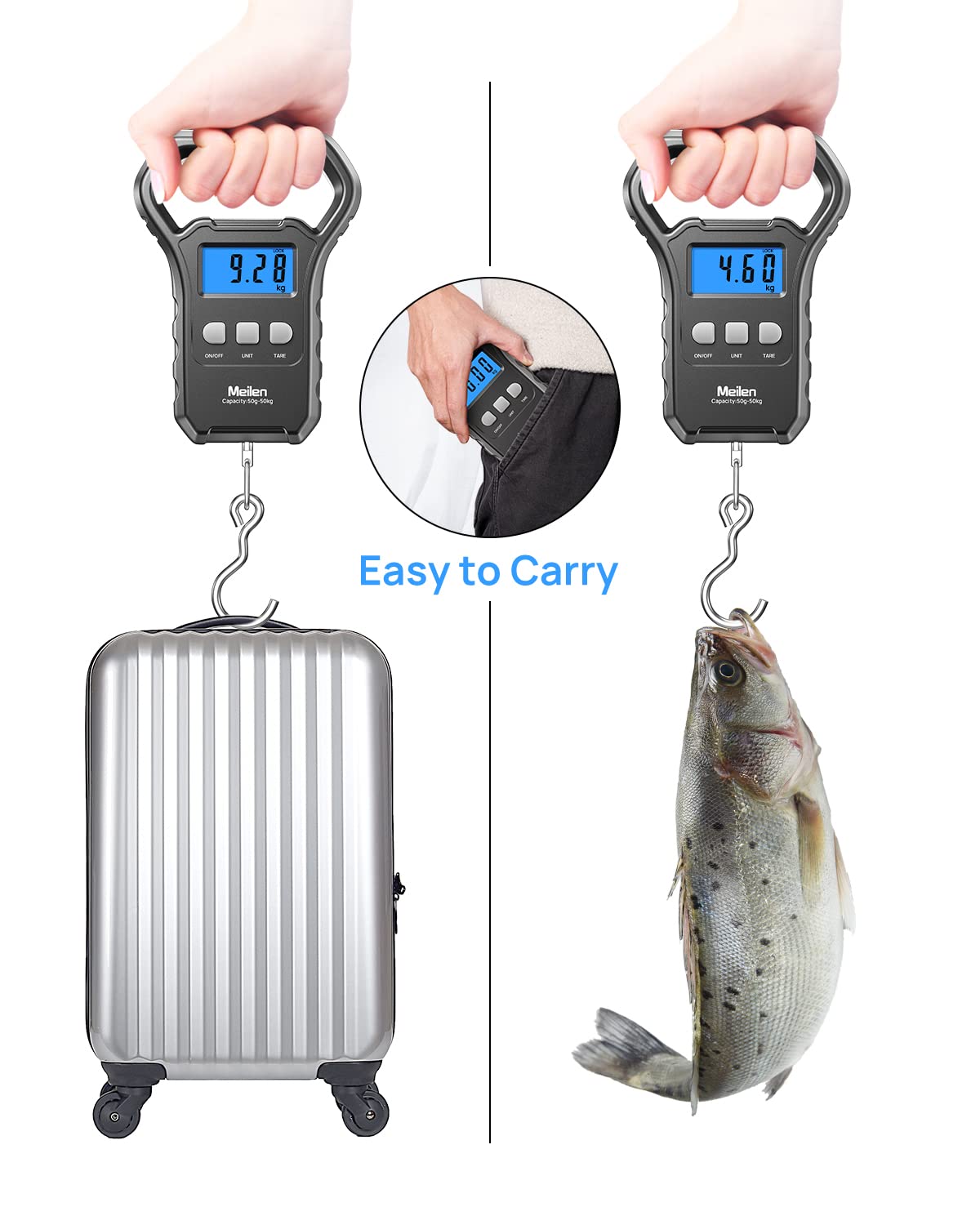 Meilen Fishing Scale,110lb/50kg Hanging Luggage Weigh Scale Unit with Backlit LCD Display, Suitcase Luggage Weigh Divice with Large Handle, Digital Postal Unit Fishing Gifts for Men