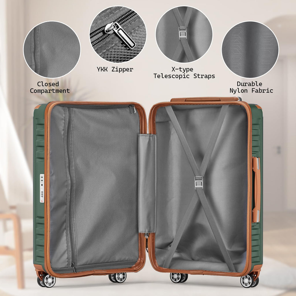 Melalenia Luggage Sets 3 Piece, Hard Shell Carry on Suitcase with Spinner Wheels and TSA Lock, Travel Lightweight Luggage Set for Women, Green Brown