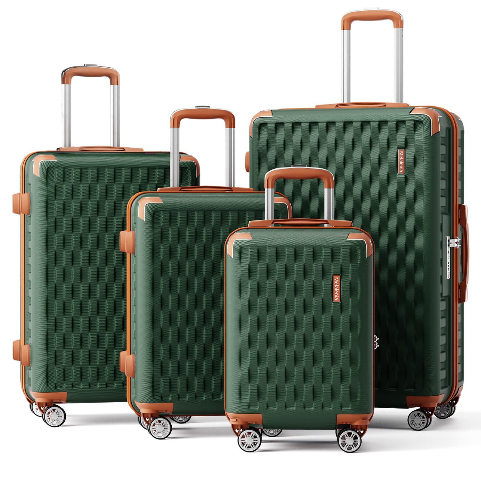 Melalenia Luggage Sets 4 Piece Hard Shell Carry on Suitcase with Spinner Wheels and TSA Lock, Lightweight Travel Duffel Bag for Women, Men, Green Brown